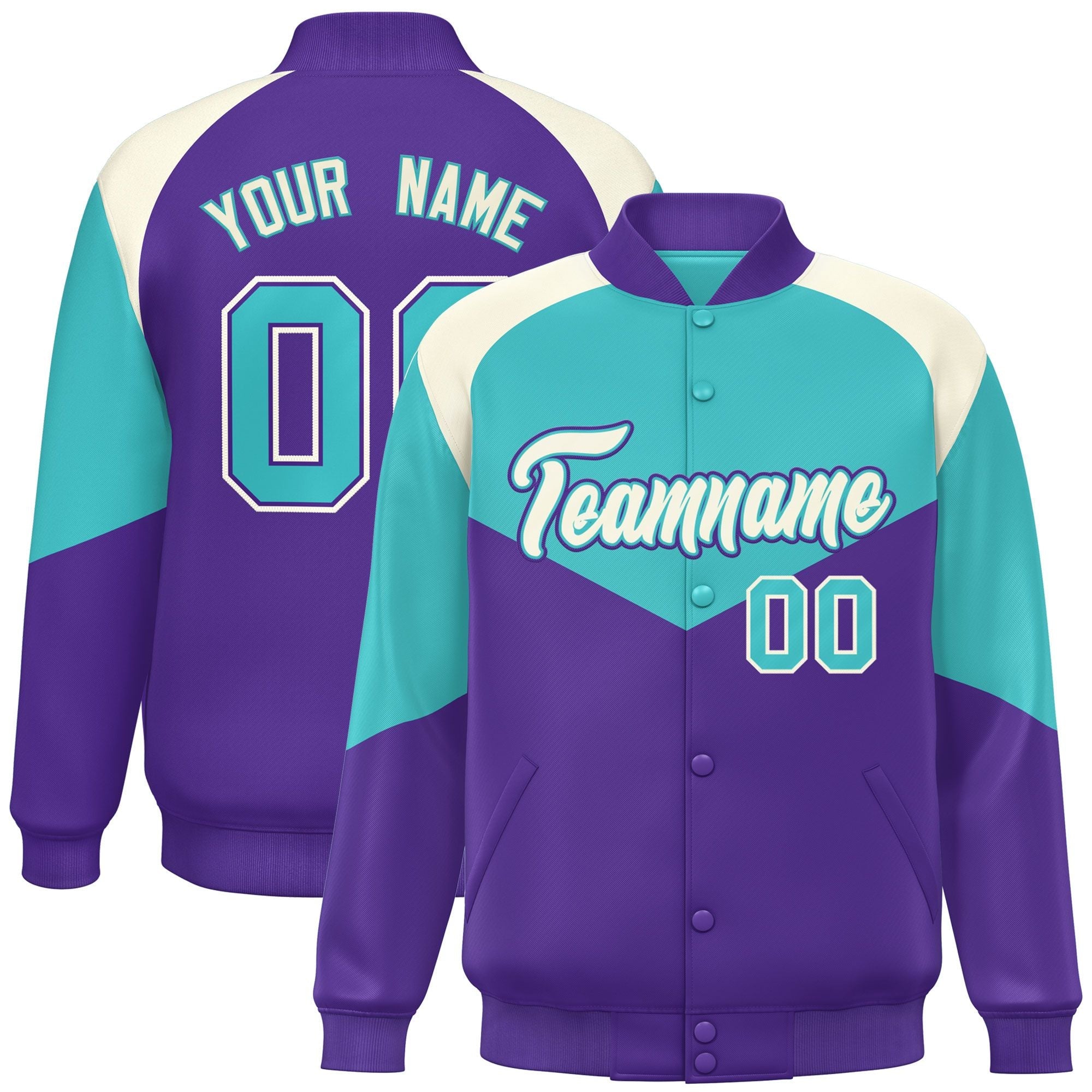 Custom Bright Green Purple Varsity Full-Snap Color Block Letterman Jacket