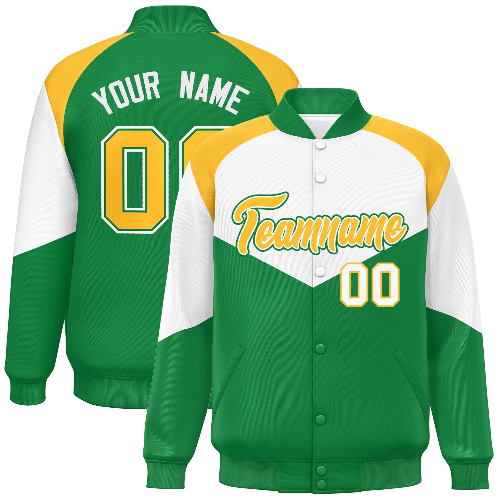 Custom White Kelly Green Varsity Full-Snap Color Block Letterman Jacket