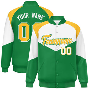 Custom White Kelly Green Varsity Full-Snap Color Block Letterman Jacket