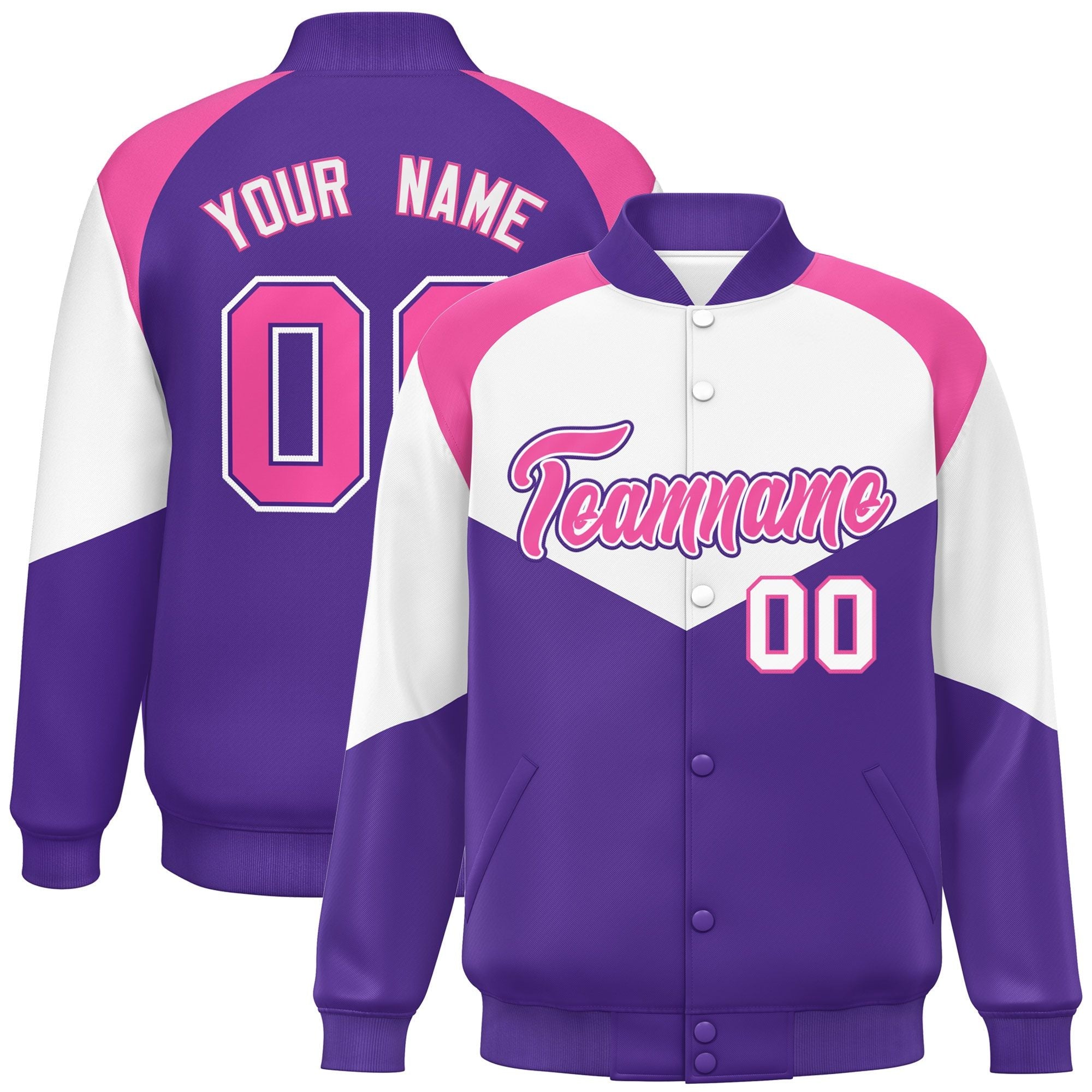 Custom White Purple Varsity Full-Snap Color Block Letterman Jacket