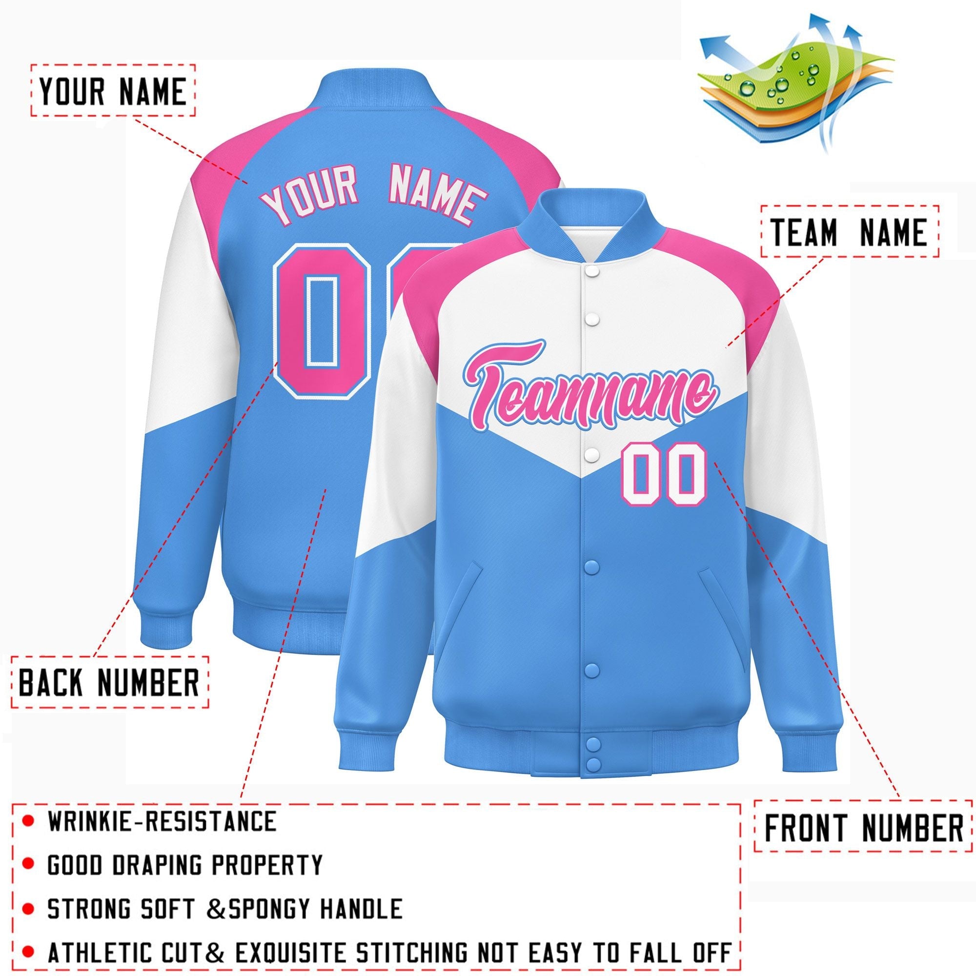 Custom White Powder Blue Varsity Full-Snap Color Block Letterman Jacket