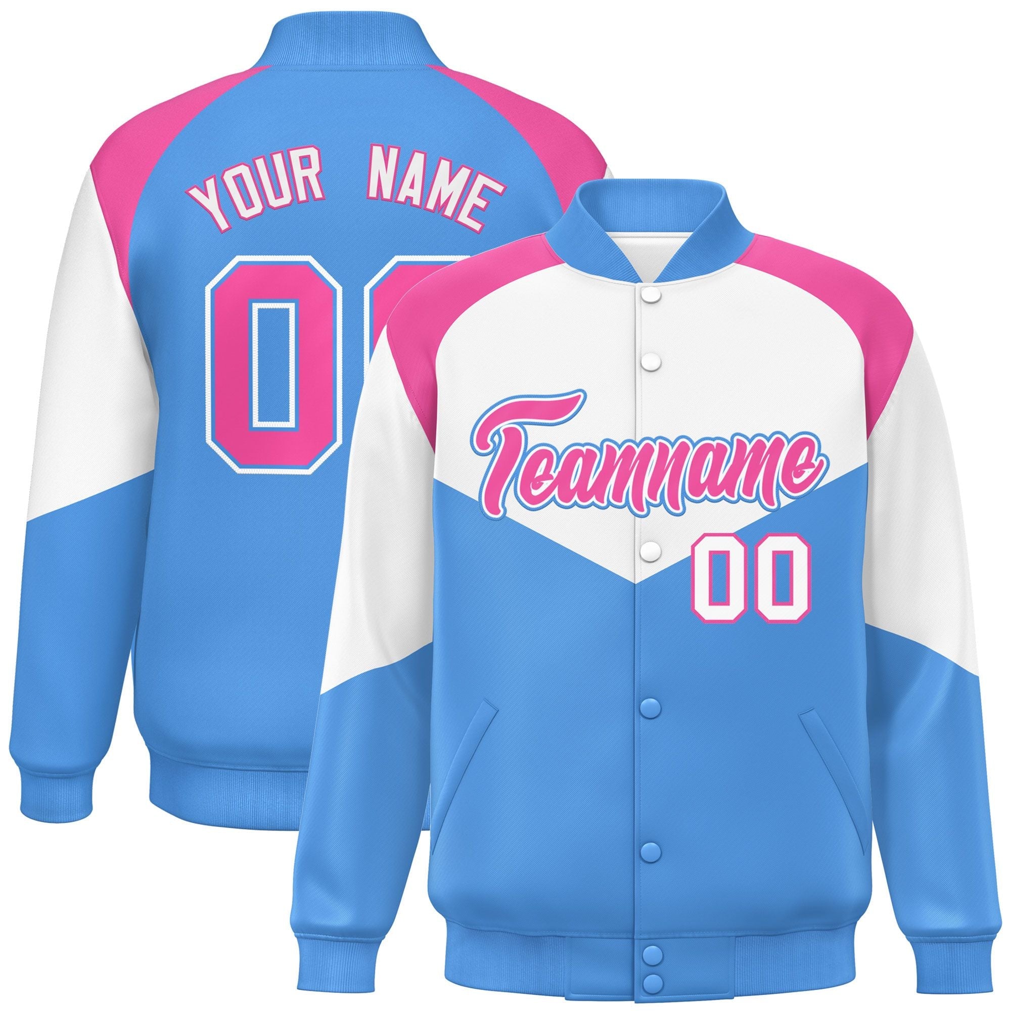 Custom White Powder Blue Varsity Full-Snap Color Block Letterman Jacket