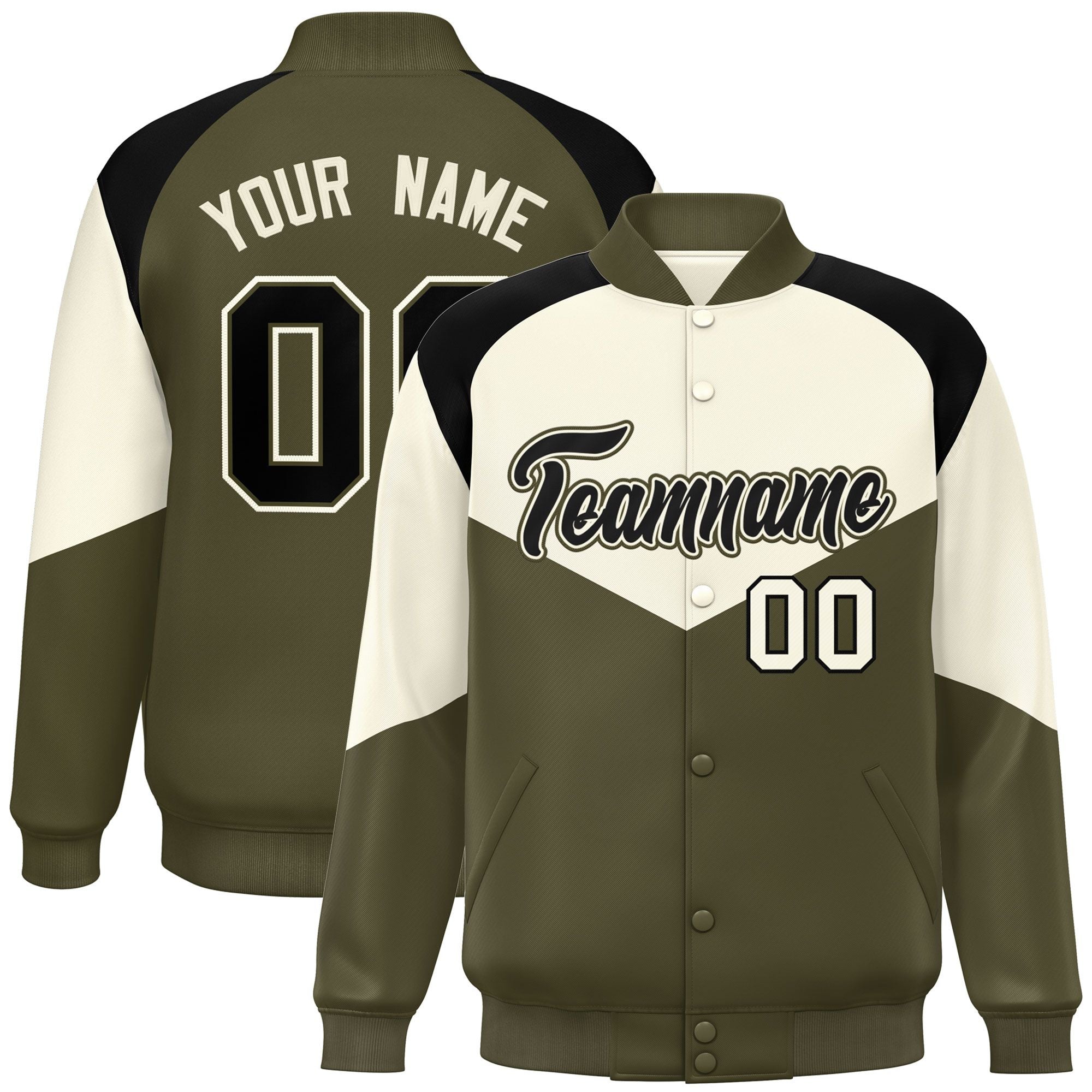 Custom Cream Olive Varsity Full-Snap Color Block Letterman Jacket