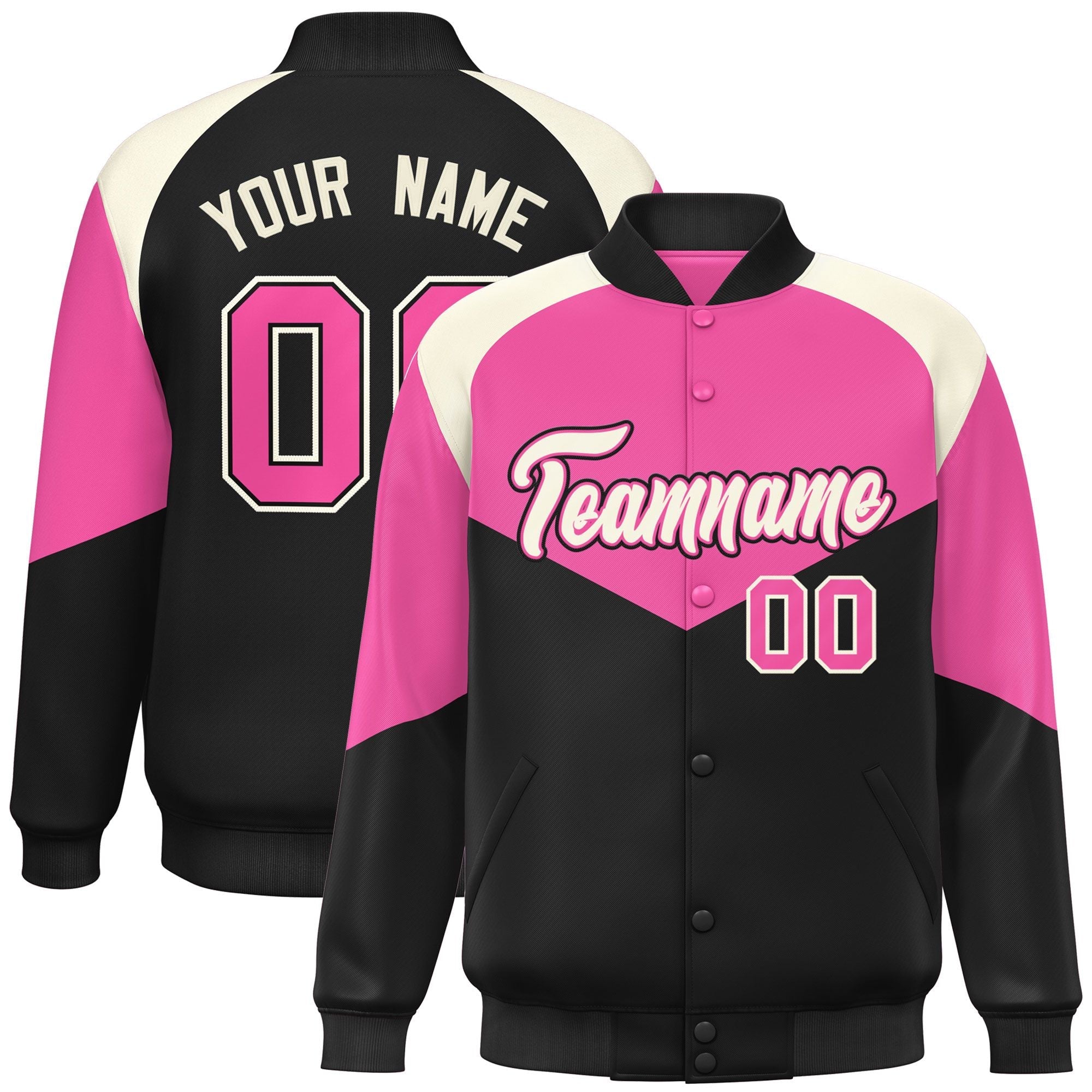 Custom Pink Black Varsity Full-Snap Color Block Letterman Jacket