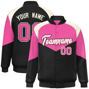 Custom Pink Black Varsity Full-Snap Color Block Letterman Jacket