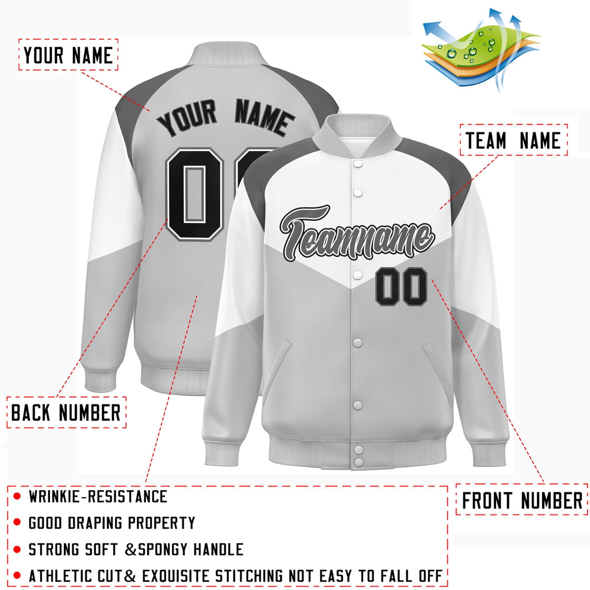 Custom White Gray Varsity Full-Snap Color Block Letterman Jacket