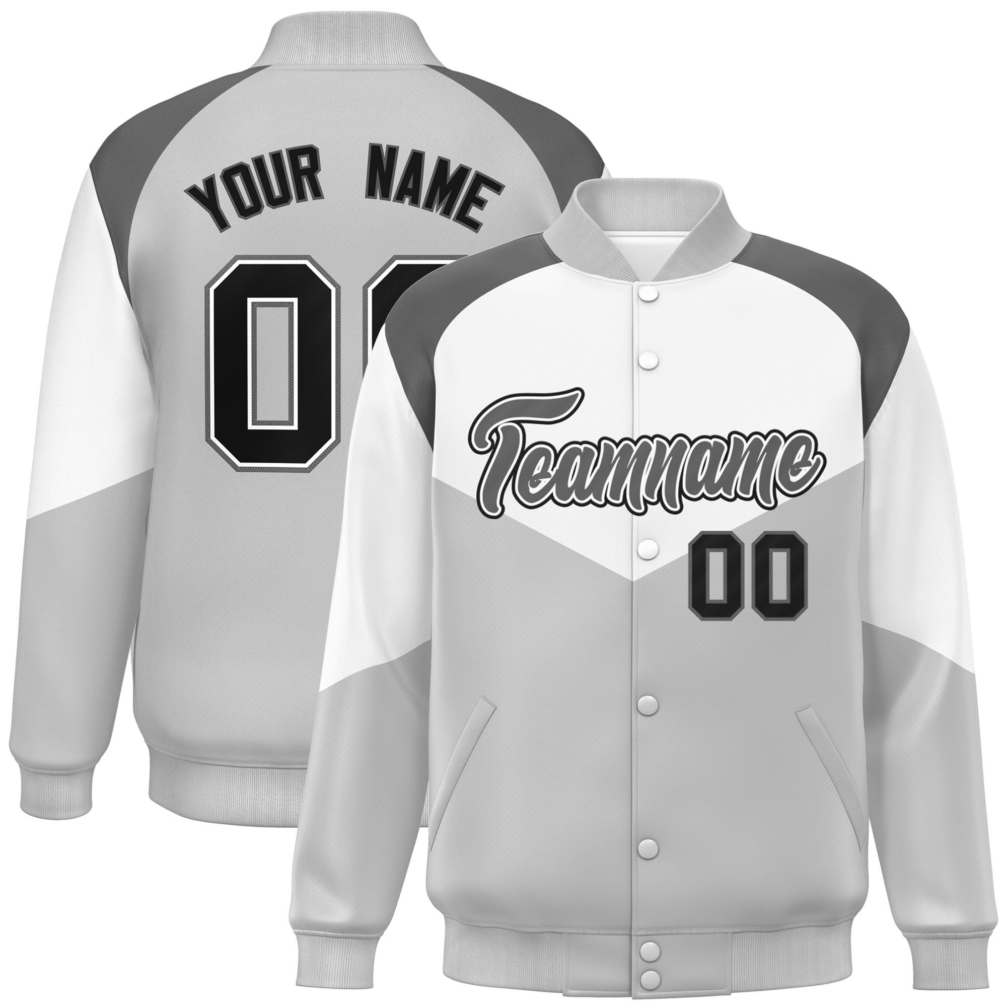 Custom White Gray Varsity Full-Snap Color Block Letterman Jacket