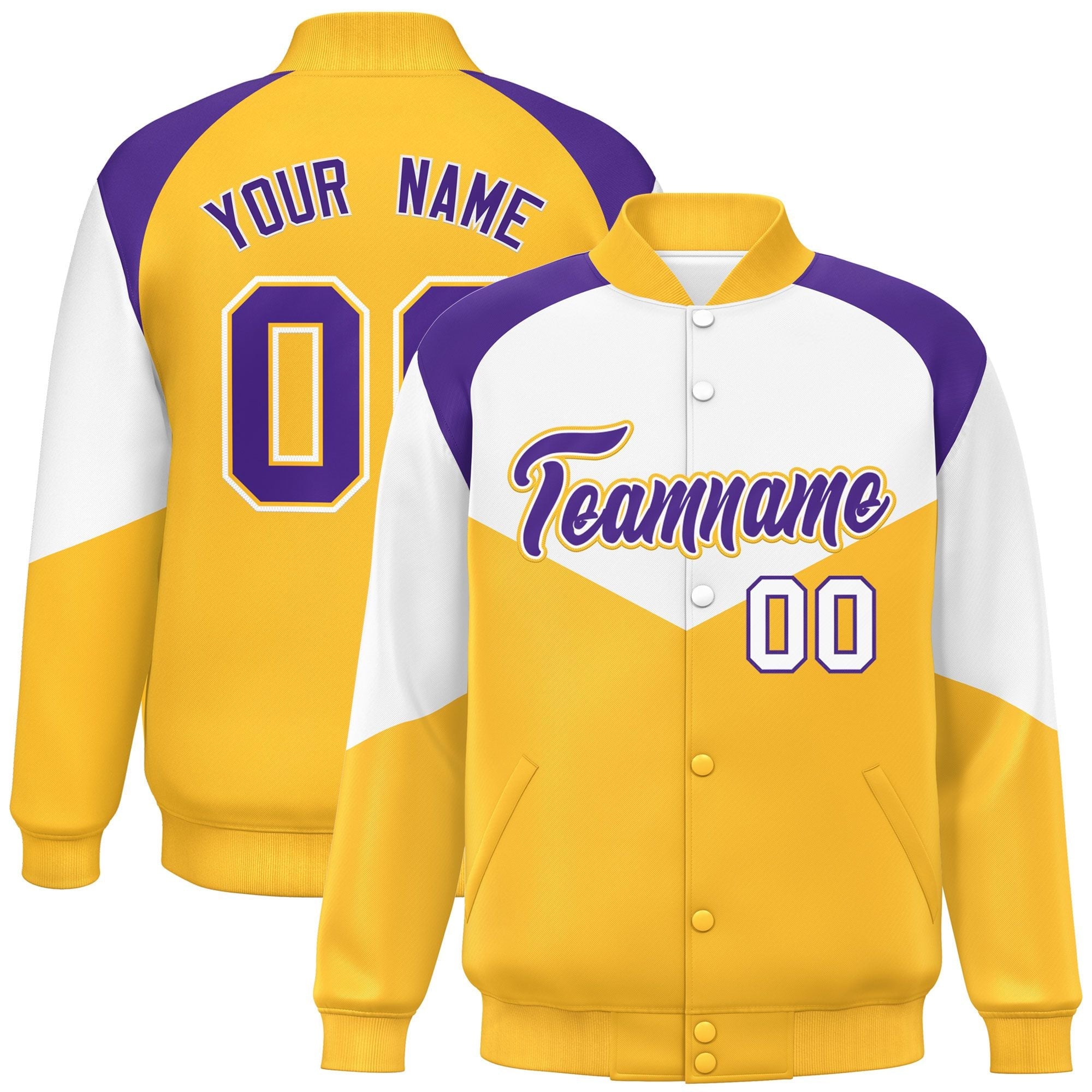 Custom White Gold Varsity Full-Snap Color Block Letterman Jacket