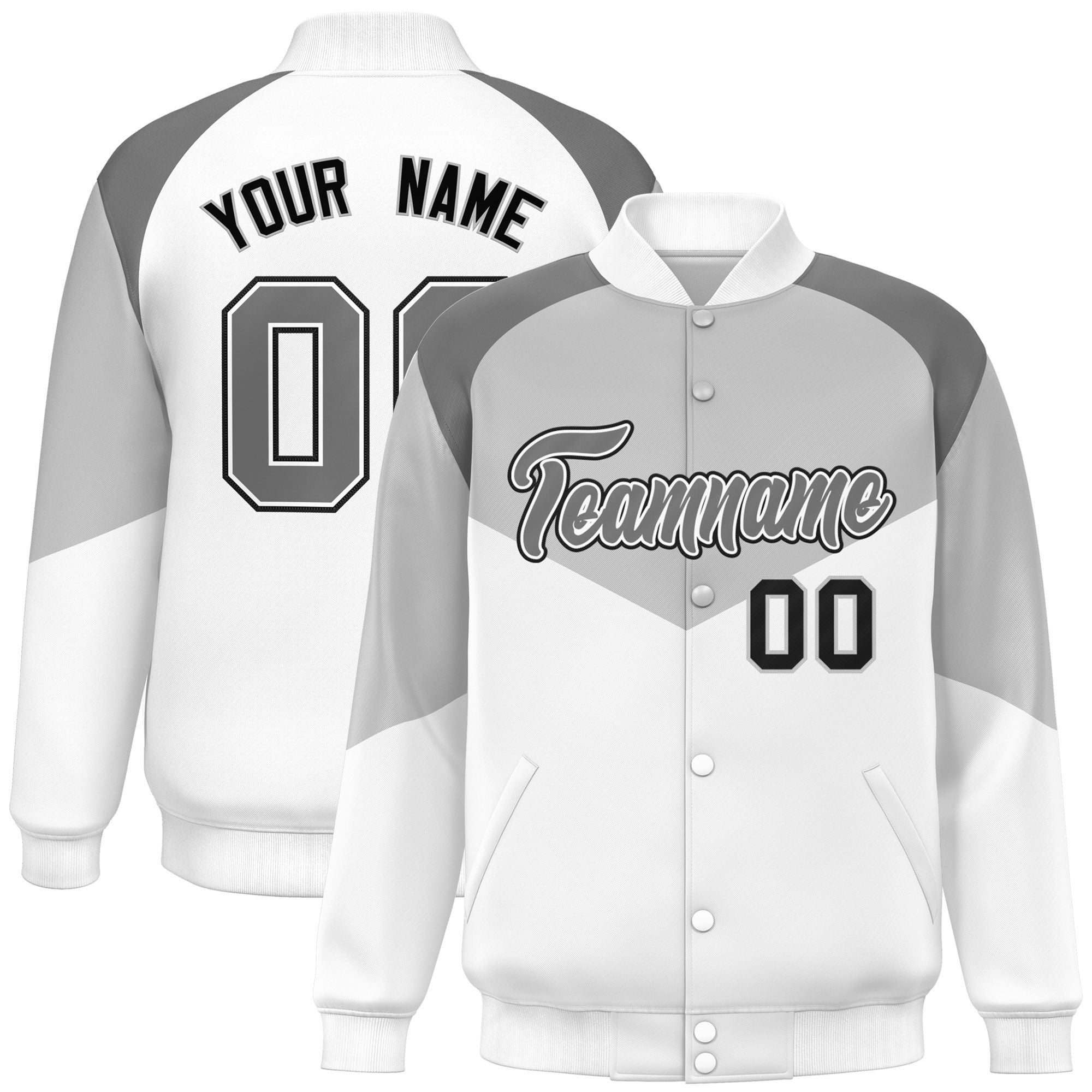 Custom Gray White Varsity Full-Snap Color Block Letterman Jacket