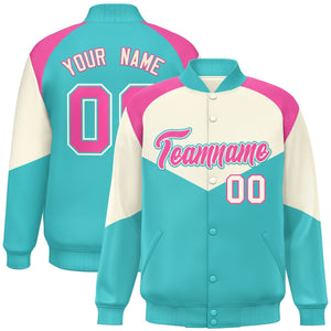 Custom Cream Bright Green Varsity Full-Snap Color Block Letterman Jacket