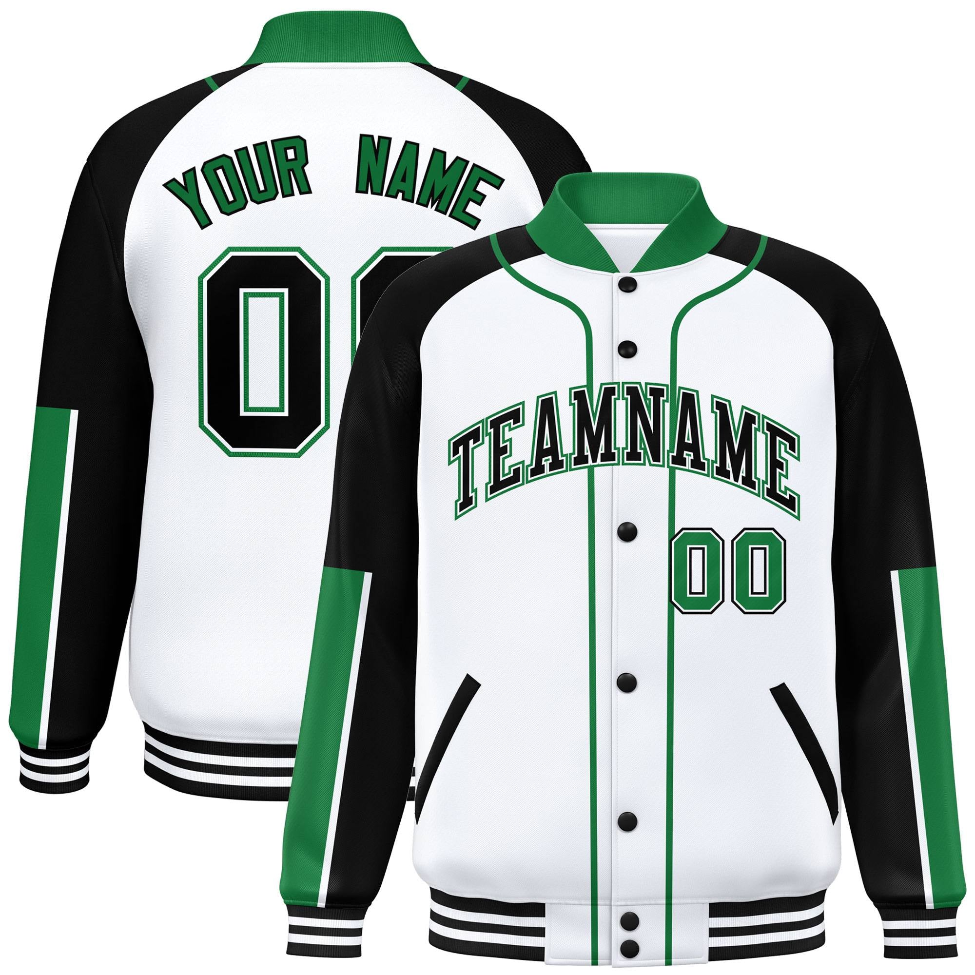 Custom White Black-Kelly Green Raglan Sleeves Varsity Full-Snap Letterman Baseball Jacket