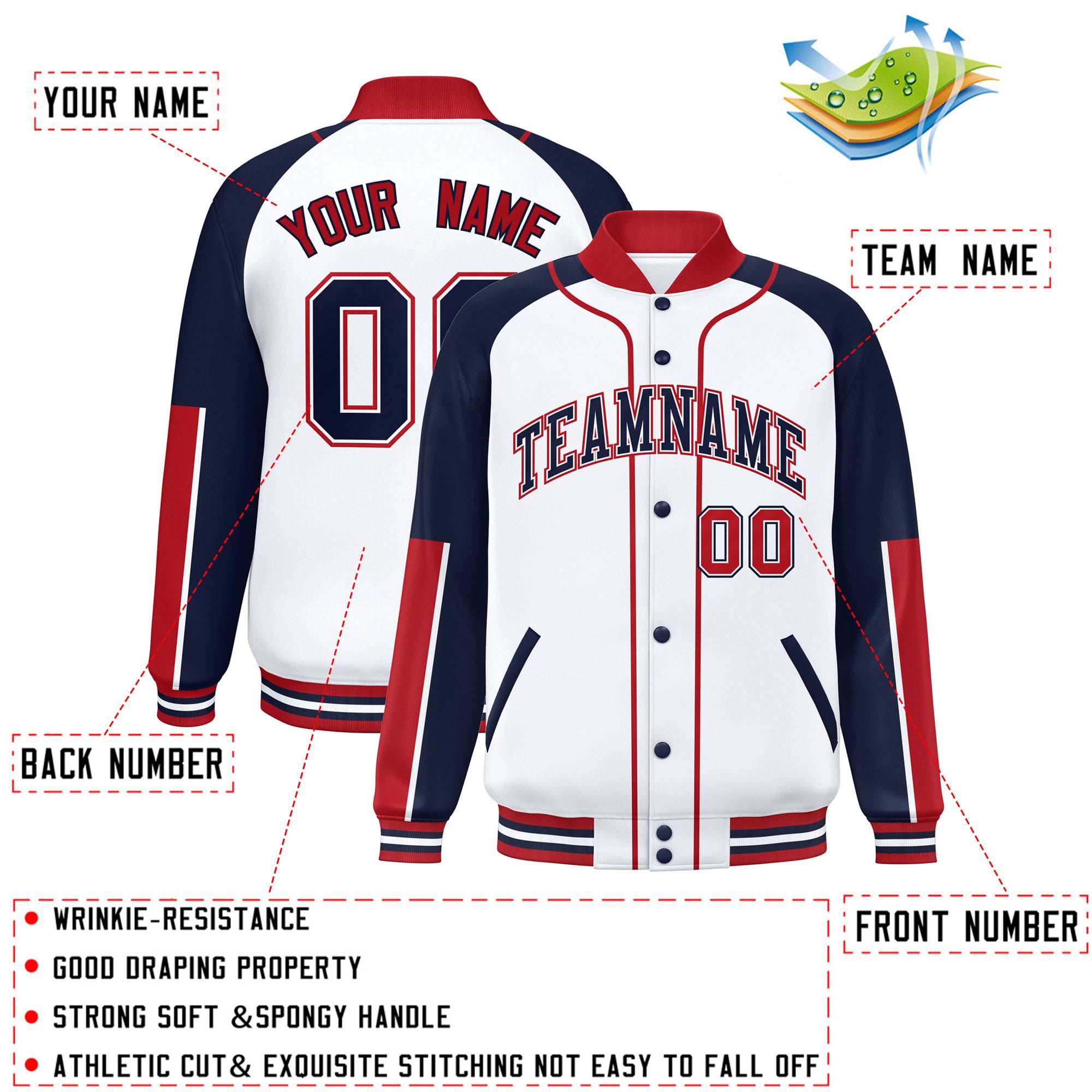 Custom White Navy-Red Raglan Sleeves Varsity Full-Snap Letterman Baseball Jacket