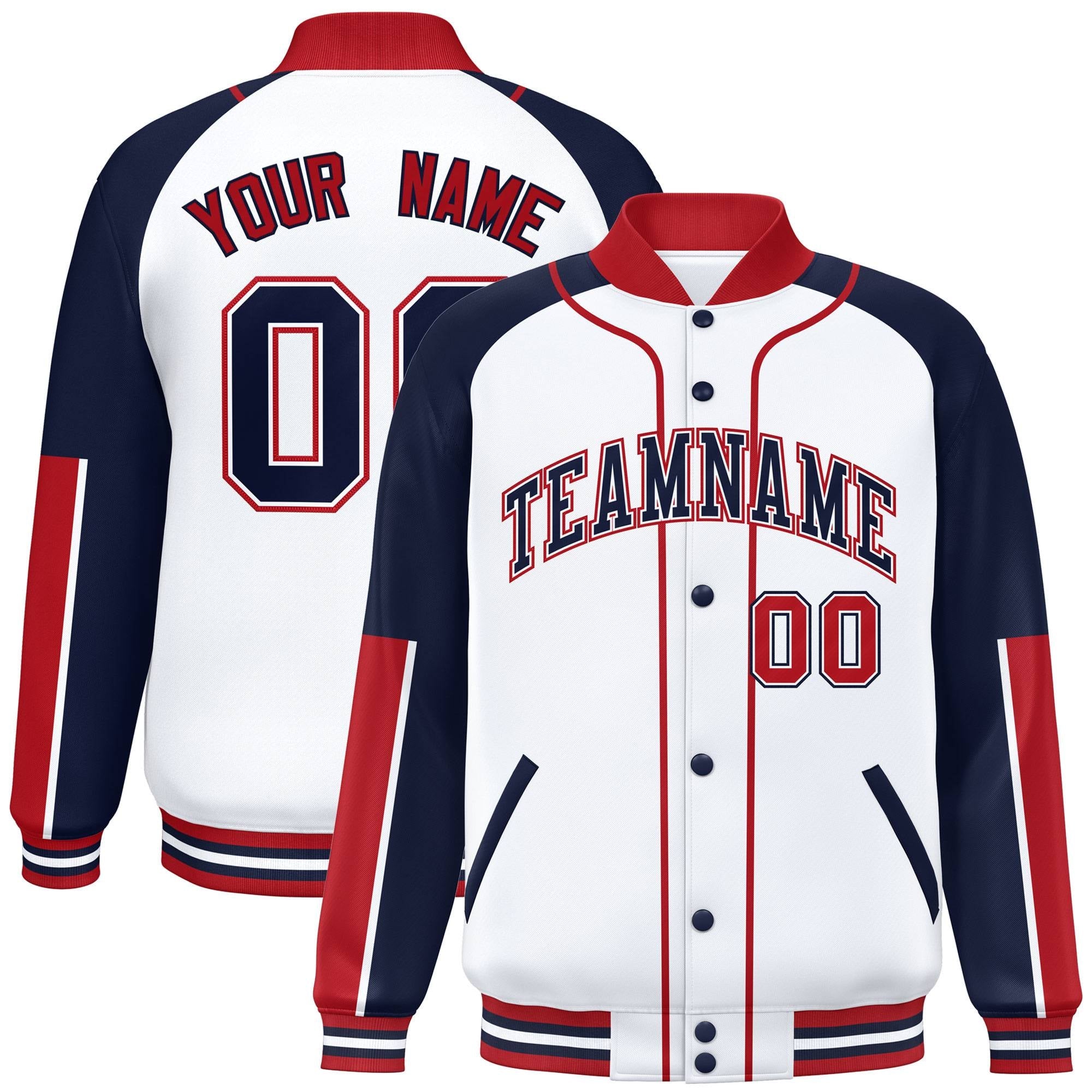 Custom White Navy-Red Raglan Sleeves Varsity Full-Snap Letterman Baseball Jacket