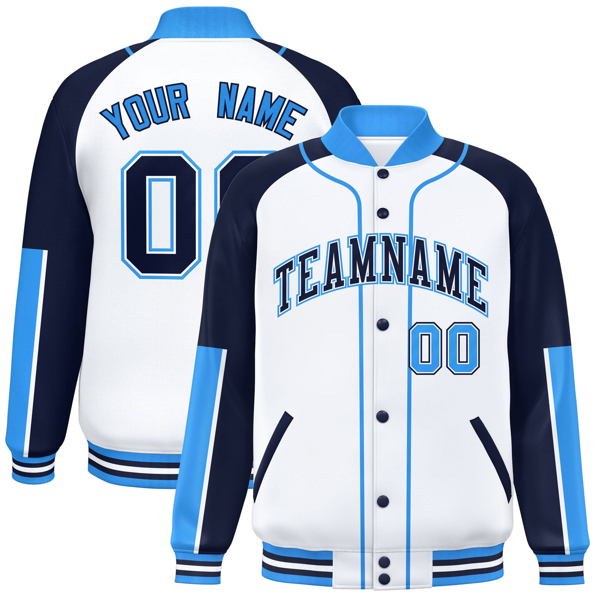 Custom White Navy-Powder Blue Raglan Sleeves Varsity Full-Snap Letterman Baseball Jacket