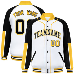 Custom White Black-Gold Raglan Sleeves Varsity Full-Snap Letterman Baseball Jacket