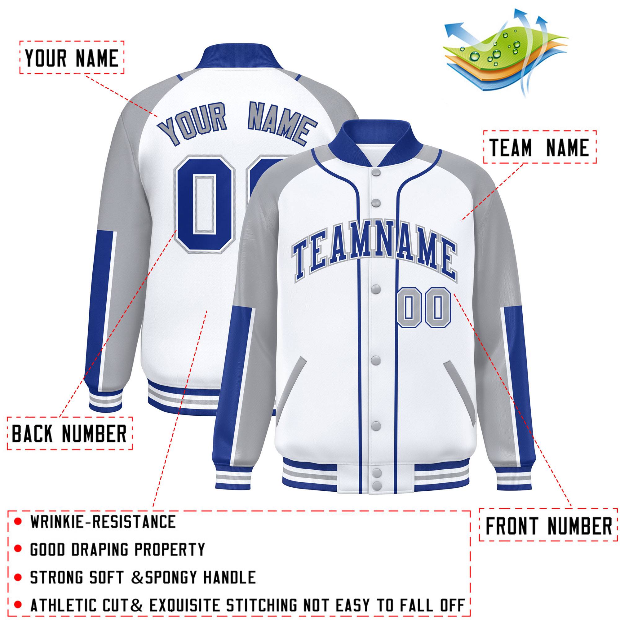 Custom White Gray-Royal Raglan Sleeves Varsity Full-Snap Letterman Baseball Jacket