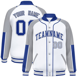 Custom White Gray-Royal Raglan Sleeves Varsity Full-Snap Letterman Baseball Jacket