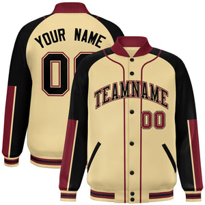 Custom Khaki Black-Crimson Raglan Sleeves Varsity Full-Snap Letterman Baseball Jacket