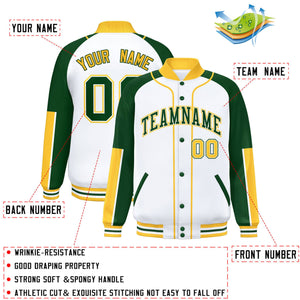 Custom White Green-Gold Raglan Sleeves Varsity Full-Snap Letterman Baseball Jacket