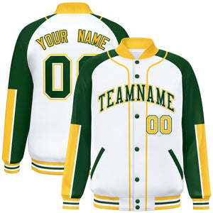 Custom White Green-Gold Raglan Sleeves Varsity Full-Snap Letterman Baseball Jacket