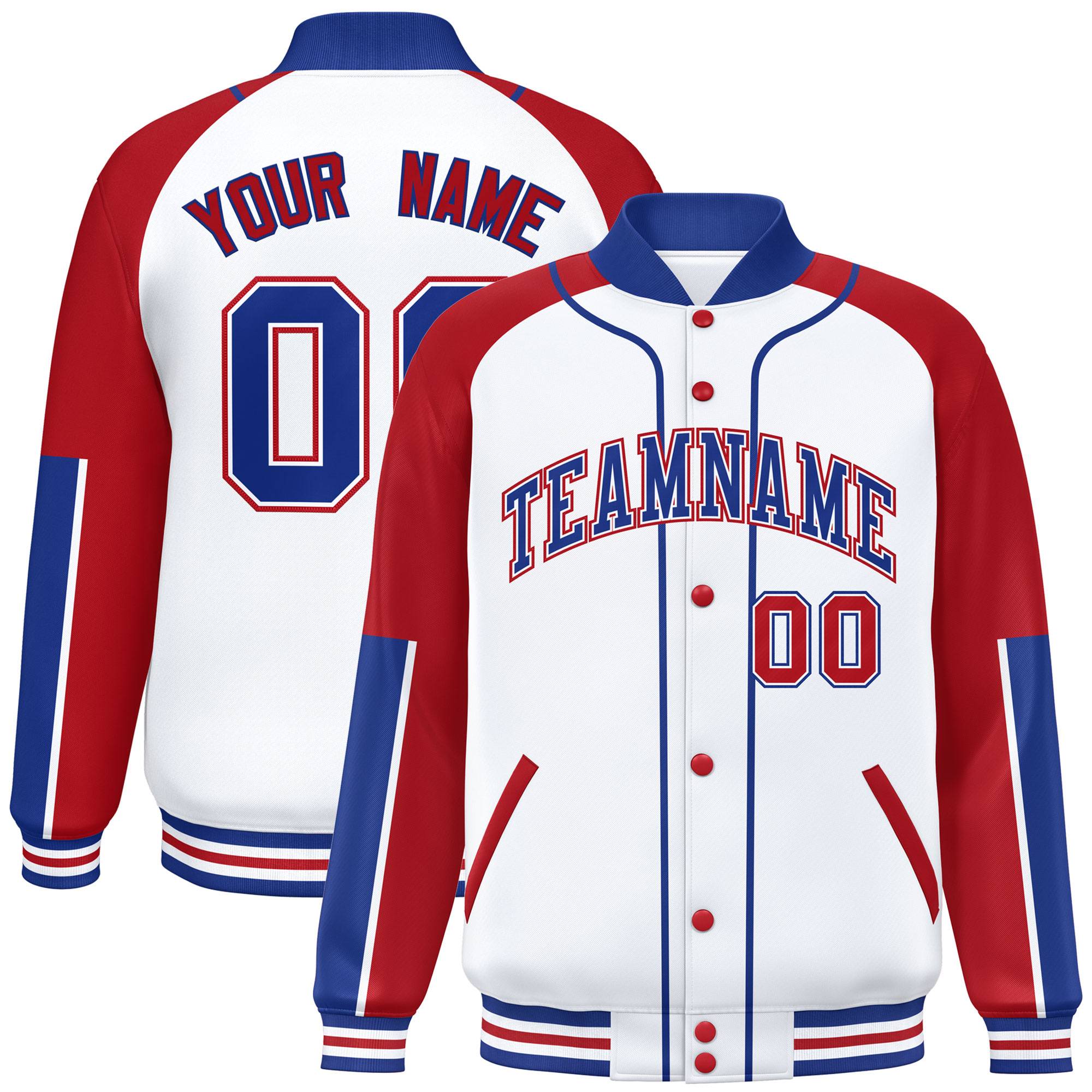 Custom White Red-Royal Raglan Sleeves Varsity Full-Snap Letterman Baseball Jacket