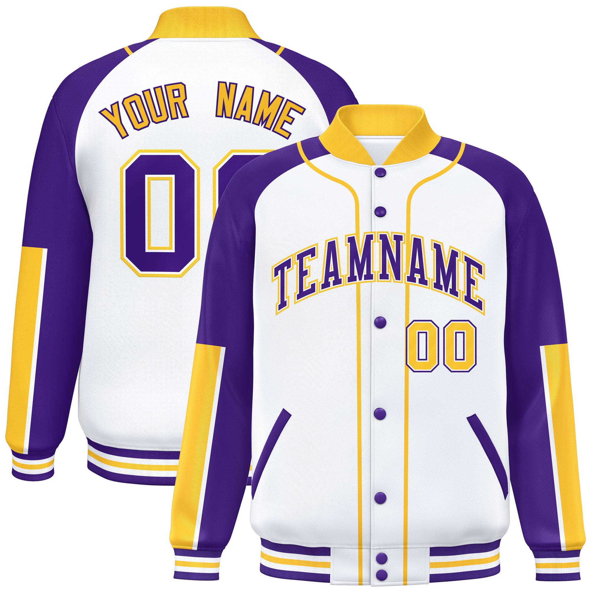 Custom White Purple-Gold Raglan Sleeves Varsity Full-Snap Letterman Baseball Jacket