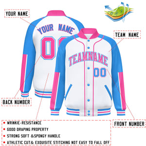 Custom White Powder Blue-Pink Raglan Sleeves Varsity Full-Snap Letterman Baseball Jacket