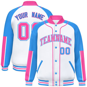 Custom White Powder Blue-Pink Raglan Sleeves Varsity Full-Snap Letterman Baseball Jacket