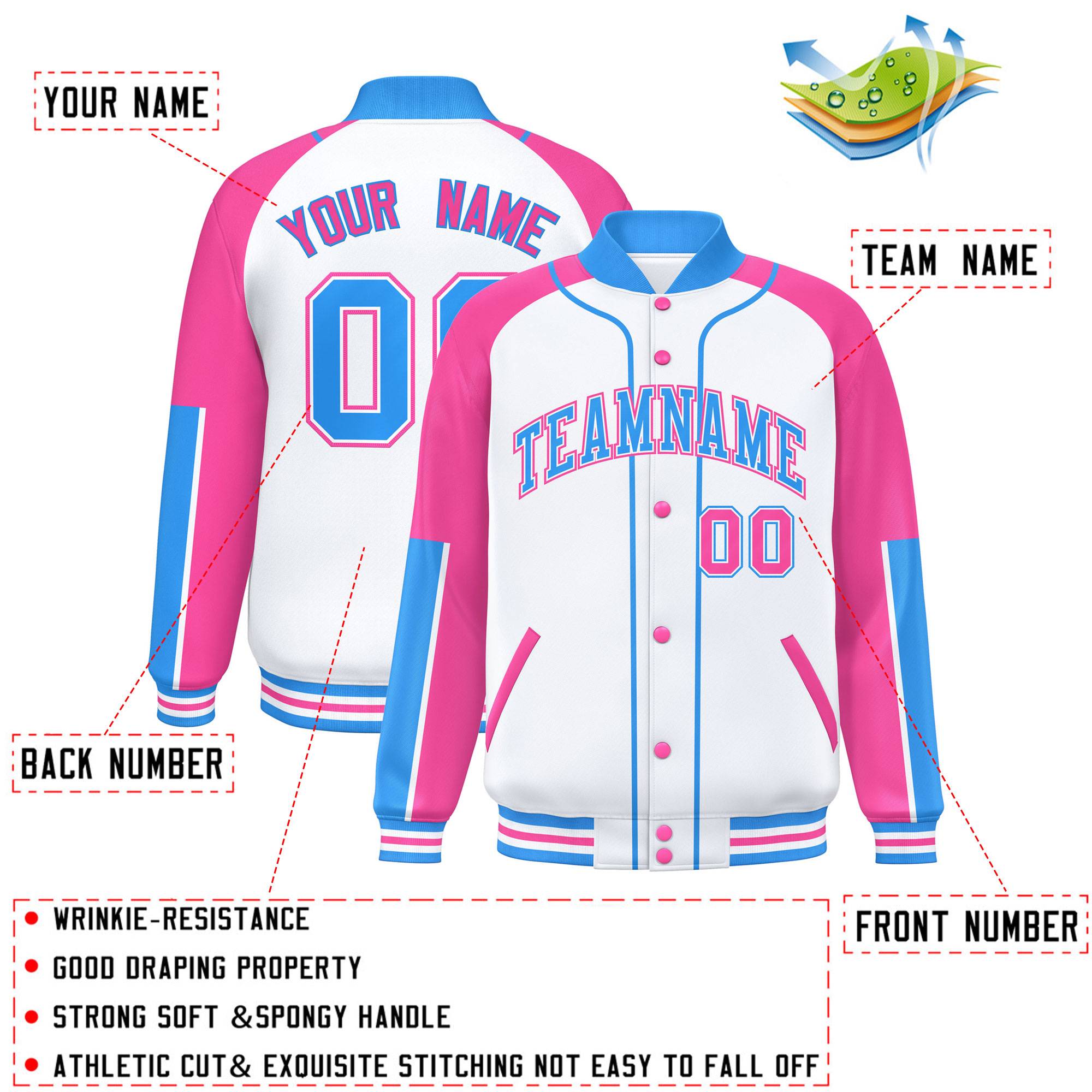 Custom White Pink-Powder Blue Raglan Sleeves Varsity Full-Snap Letterman Baseball Jacket