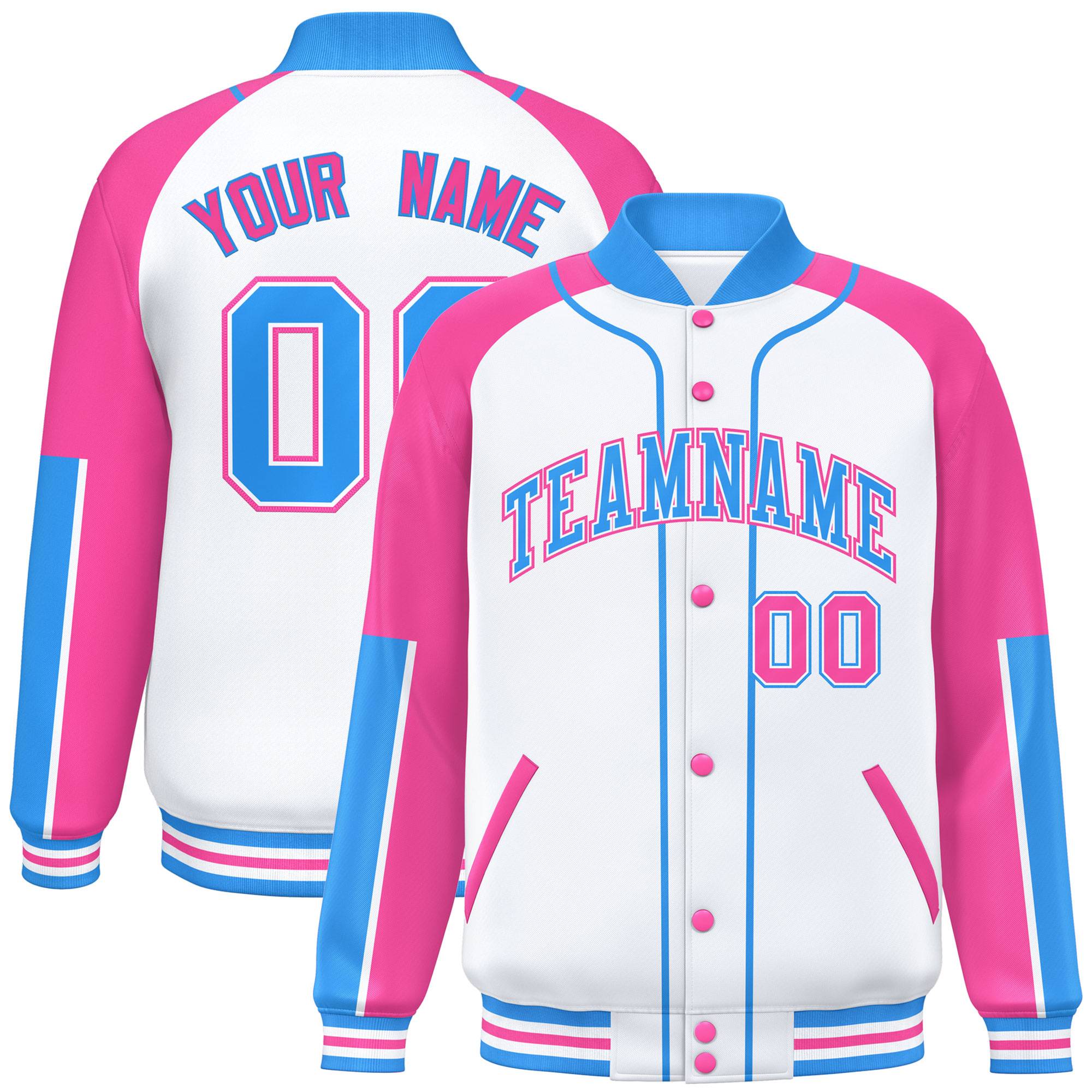 Custom White Pink-Powder Blue Raglan Sleeves Varsity Full-Snap Letterman Baseball Jacket