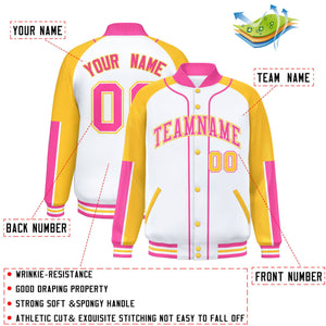 Custom White Gold-Pink Raglan Sleeves Varsity Full-Snap Letterman Baseball Jacket