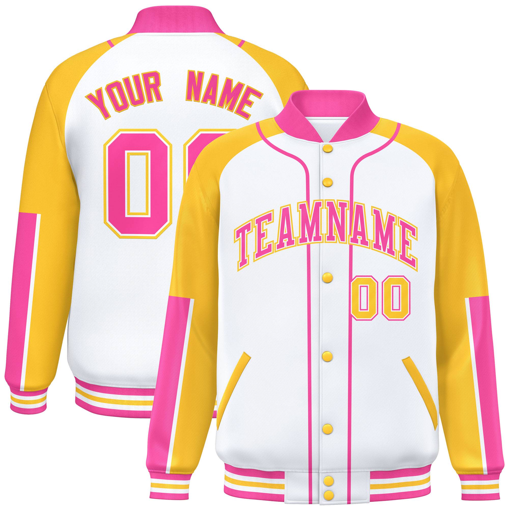 Custom White Gold-Pink Raglan Sleeves Varsity Full-Snap Letterman Baseball Jacket