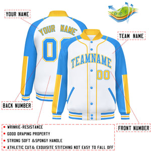 Custom White Powder Blue-Gold Raglan Sleeves Varsity Full-Snap Letterman Baseball Jacket