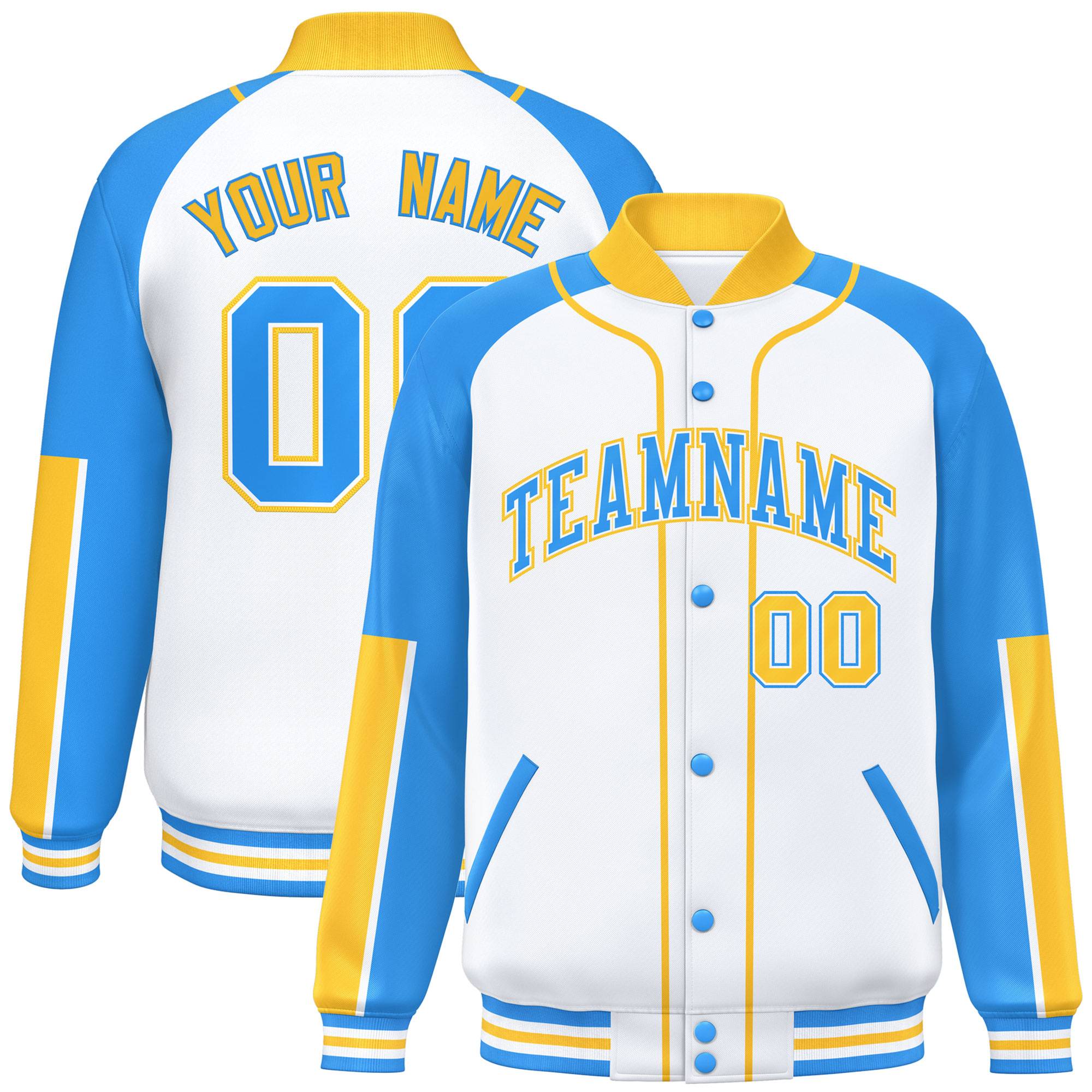 Custom White Powder Blue-Gold Raglan Sleeves Varsity Full-Snap Letterman Baseball Jacket