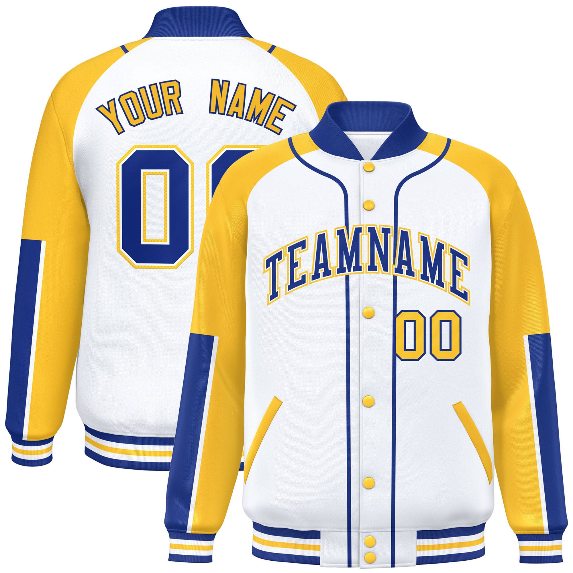 Custom White Gold-Royal Raglan Sleeves Varsity Full-Snap Letterman Baseball Jacket