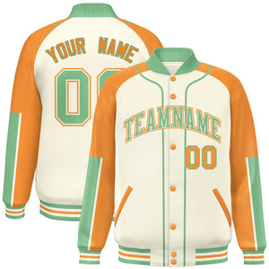 Custom Cream 0-Green Raglan Sleeves Varsity Full-Snap Letterman Baseball Jacket