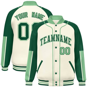 Custom Cream Green-Green Raglan Sleeves Varsity Full-Snap Letterman Baseball Jacket