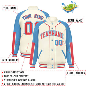 Custom Cream Light Blue-Cream Raglan Sleeves Varsity Full-Snap Letterman Baseball Jacket