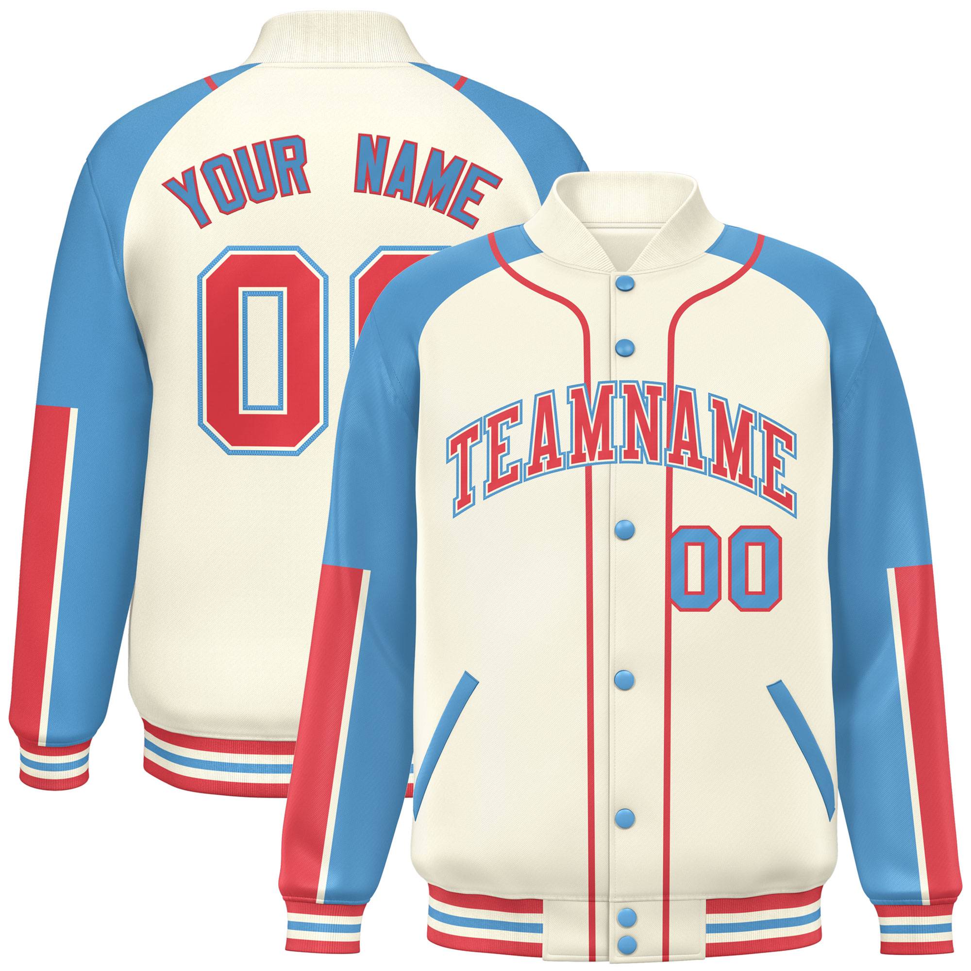 Custom Cream Light Blue-Cream Raglan Sleeves Varsity Full-Snap Letterman Baseball Jacket