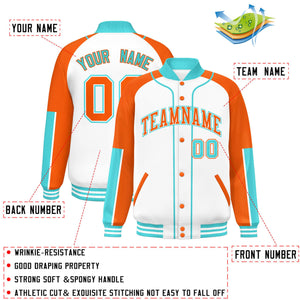 Custom White Orange-Bright Green Raglan Sleeves Varsity Full-Snap Letterman Baseball Jacket