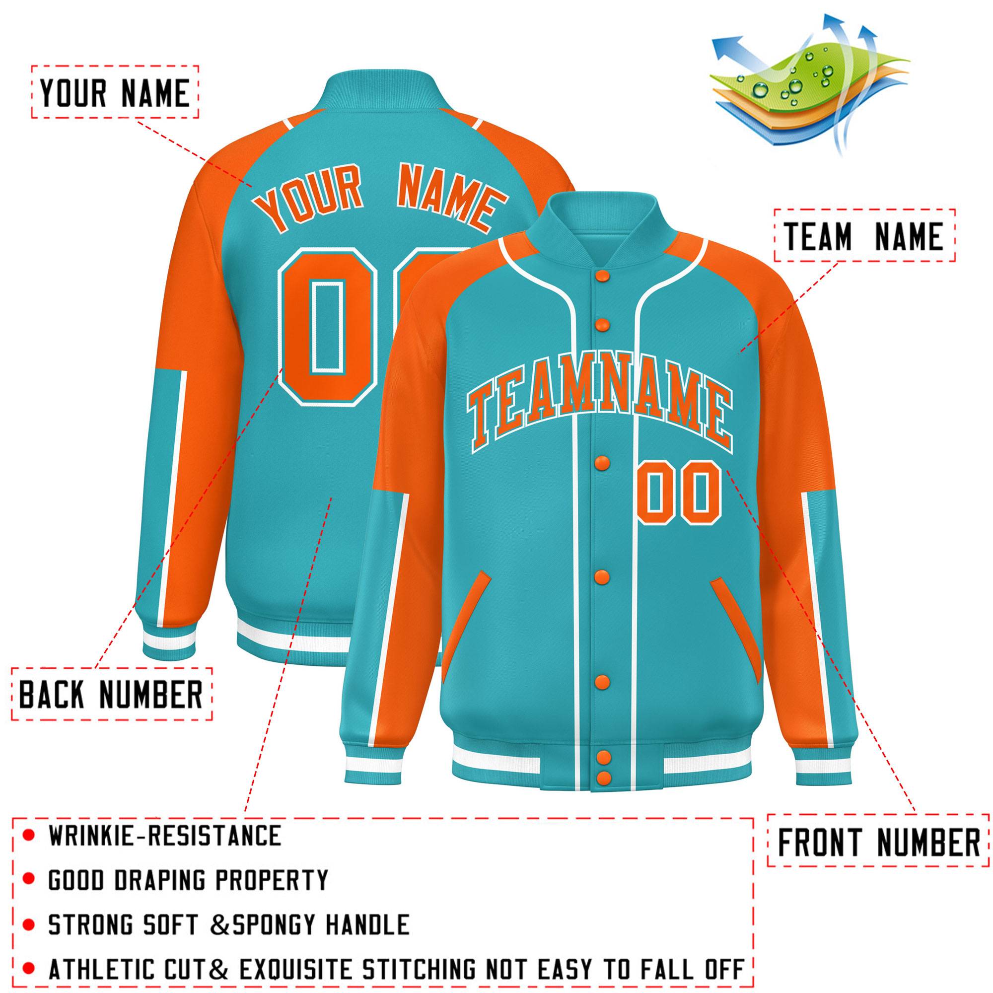 Custom Aqua Orange-Aqua Raglan Sleeves Varsity Full-Snap Letterman Baseball Jacket