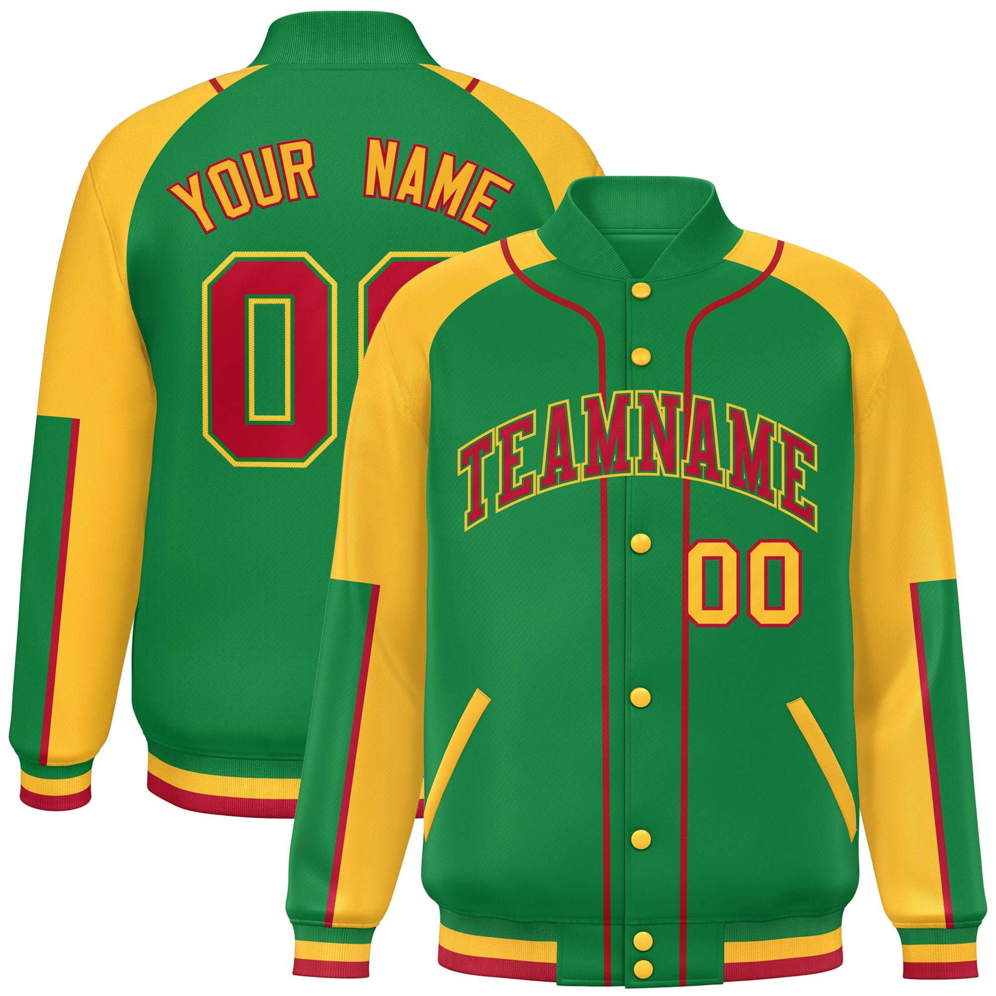 Custom Kelly Green Gold-Kelly Green Raglan Sleeves Varsity Full-Snap Letterman Baseball Jacket