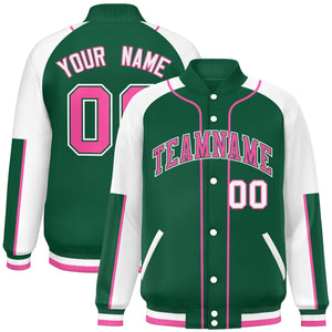 Custom Green White-Green Raglan Sleeves Varsity Full-Snap Letterman Baseball Jacket