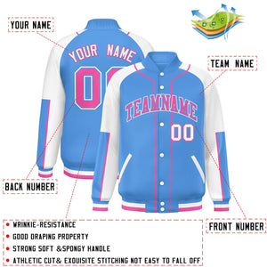 Custom Powder Blue White-Powder Blue Raglan Sleeves Varsity Full-Snap Letterman Baseball Jacket