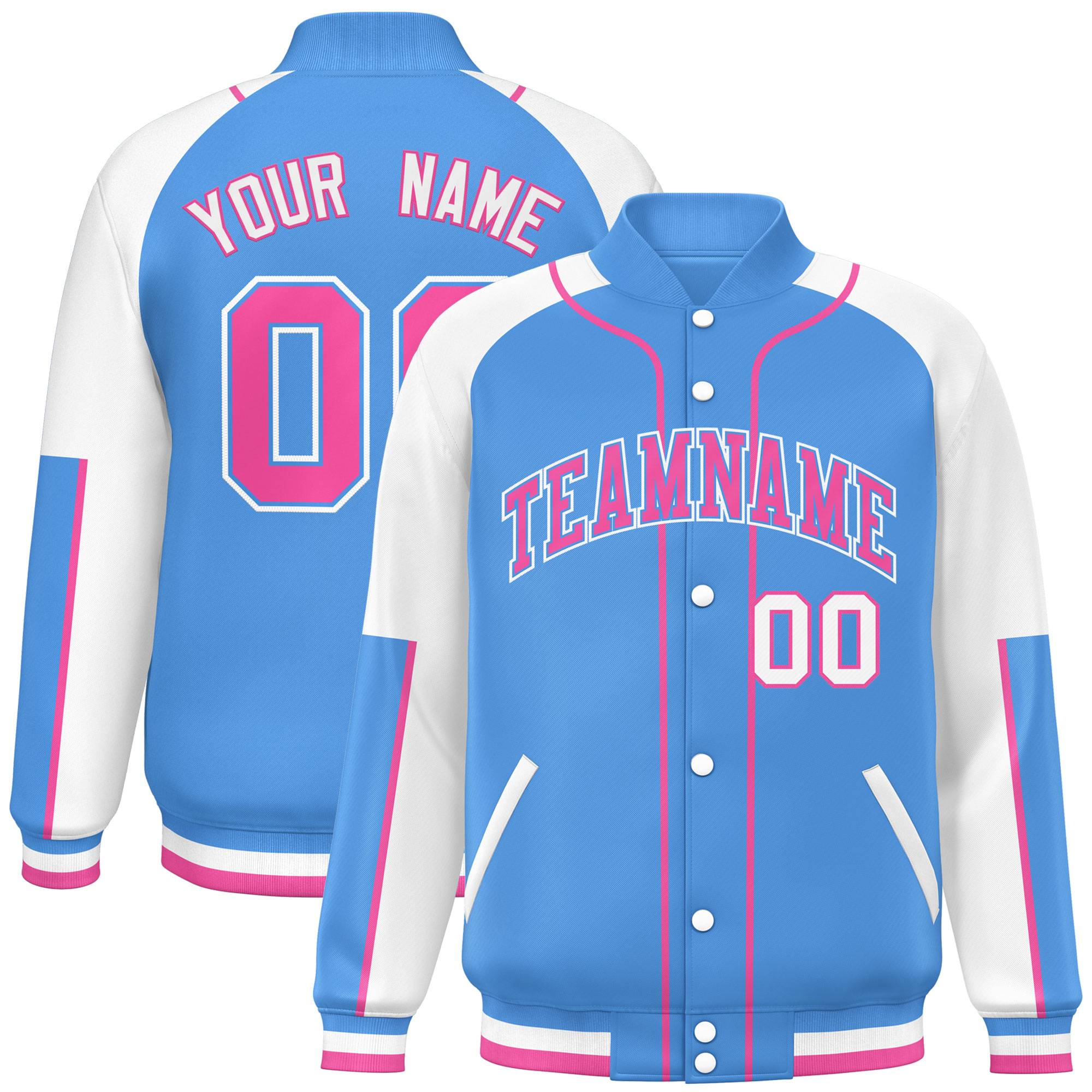 Custom Powder Blue White-Powder Blue Raglan Sleeves Varsity Full-Snap Letterman Baseball Jacket