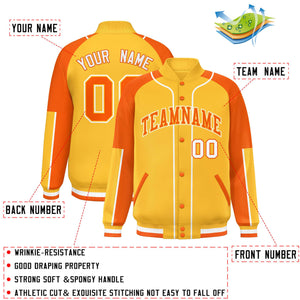 Custom Gold Orange-Gold Raglan Sleeves Varsity Full-Snap Letterman Baseball Jacket