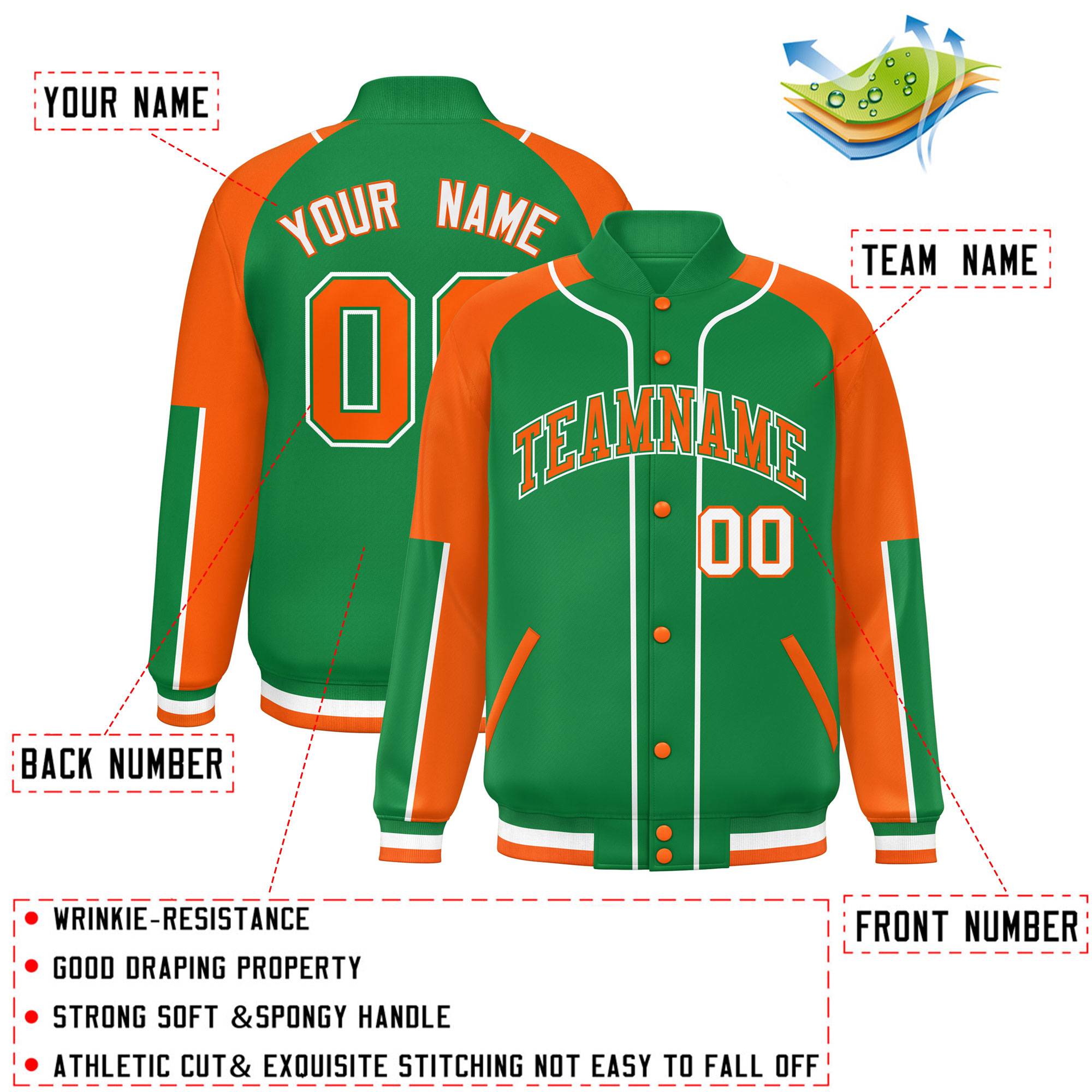 Custom Kelly Green Orange-Kelly Green Raglan Sleeves Varsity Full-Snap Letterman Baseball Jacket