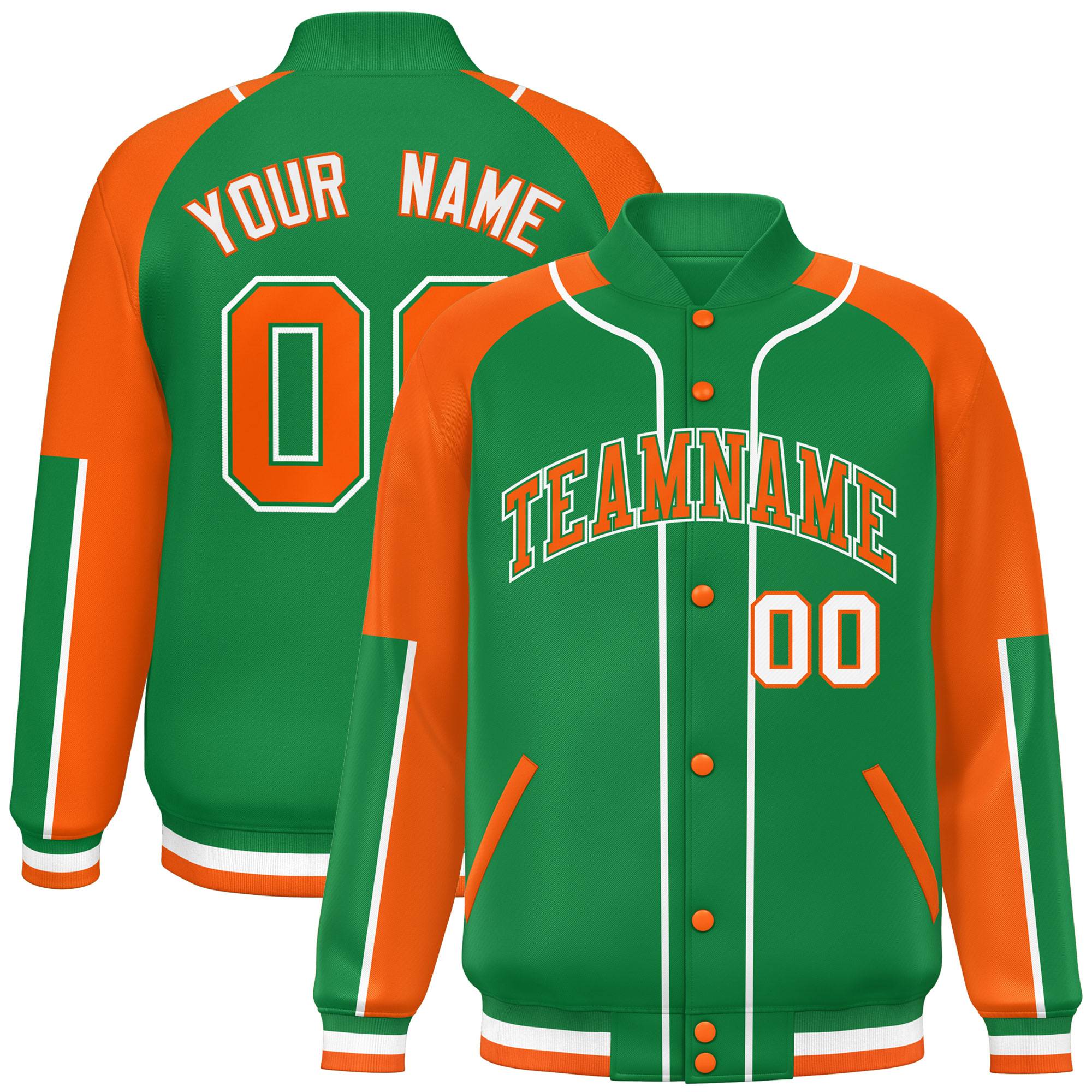 Custom Kelly Green Orange-Kelly Green Raglan Sleeves Varsity Full-Snap Letterman Baseball Jacket