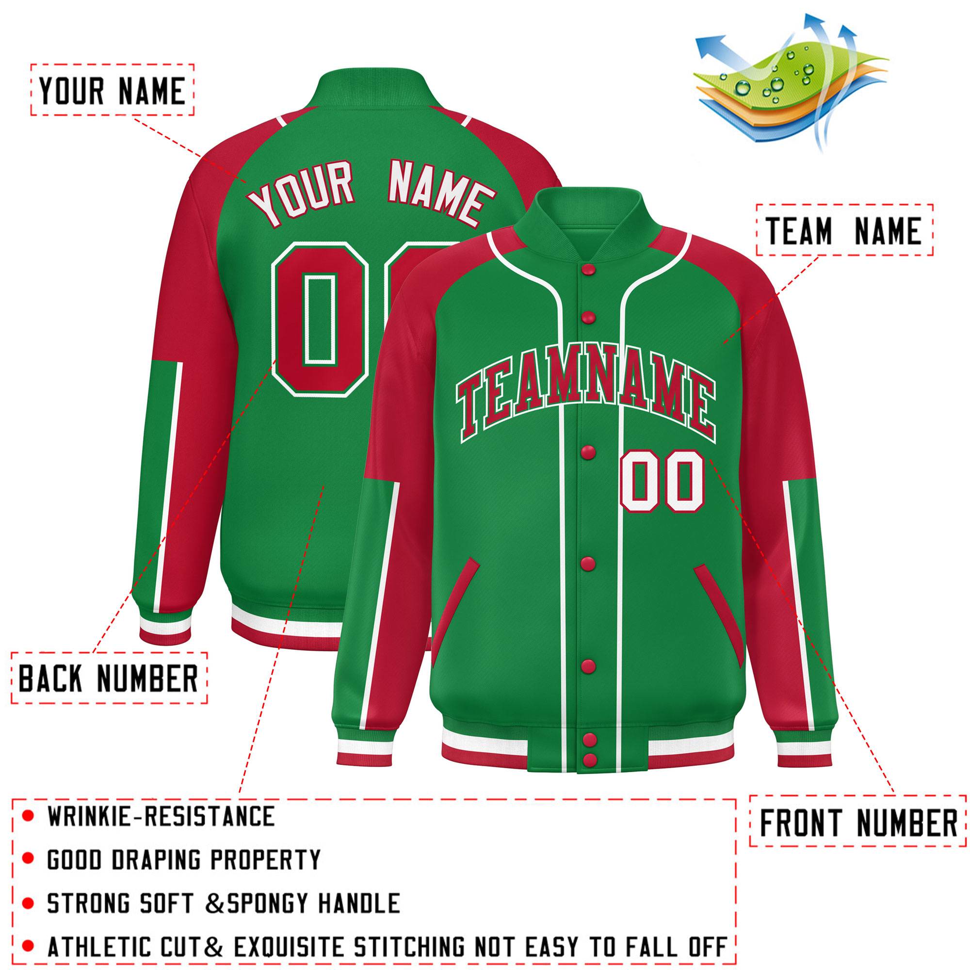 Custom Kelly Green Red-Kelly Green Raglan Sleeves Varsity Full-Snap Letterman Baseball Jacket