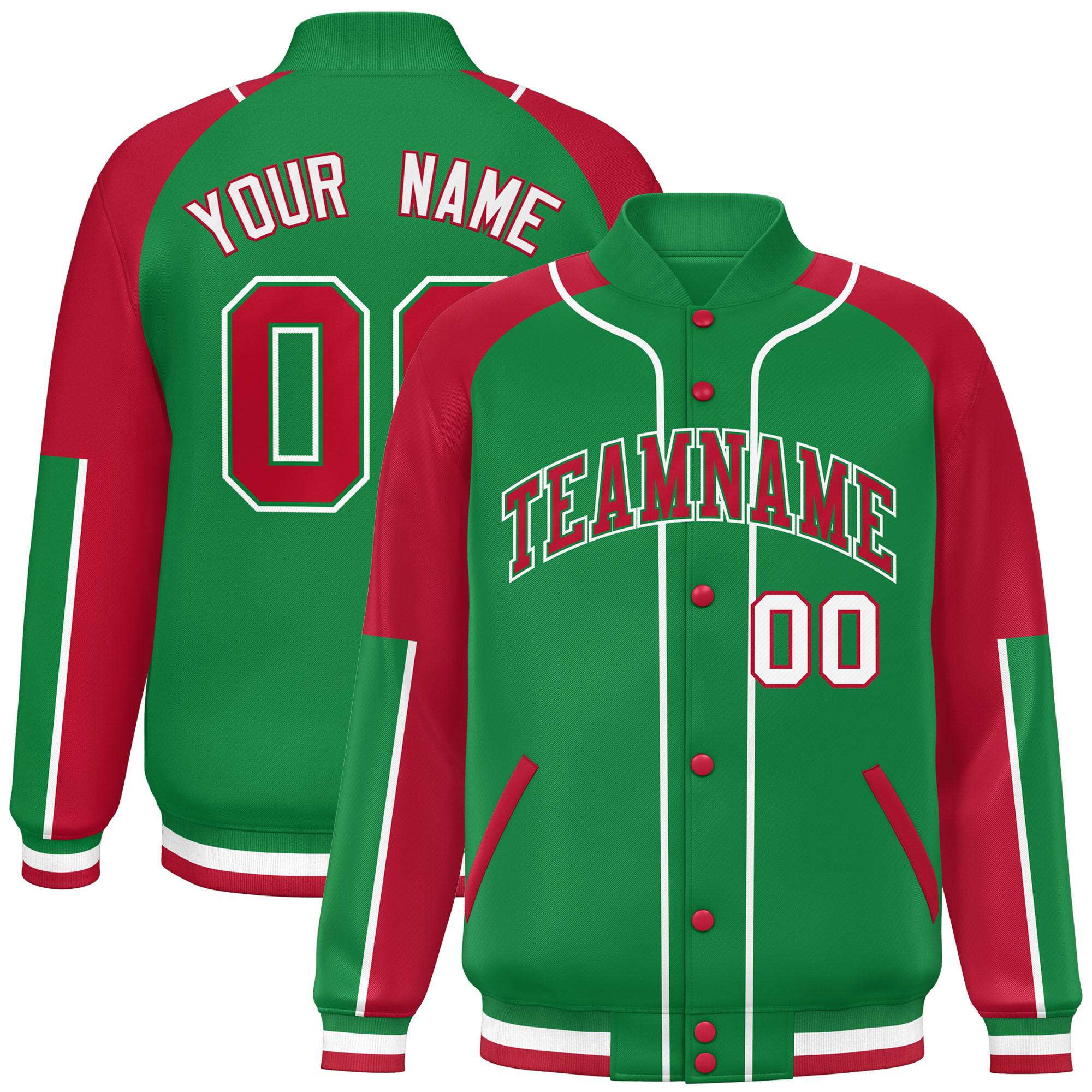 Custom Kelly Green Red-Kelly Green Raglan Sleeves Varsity Full-Snap Letterman Baseball Jacket